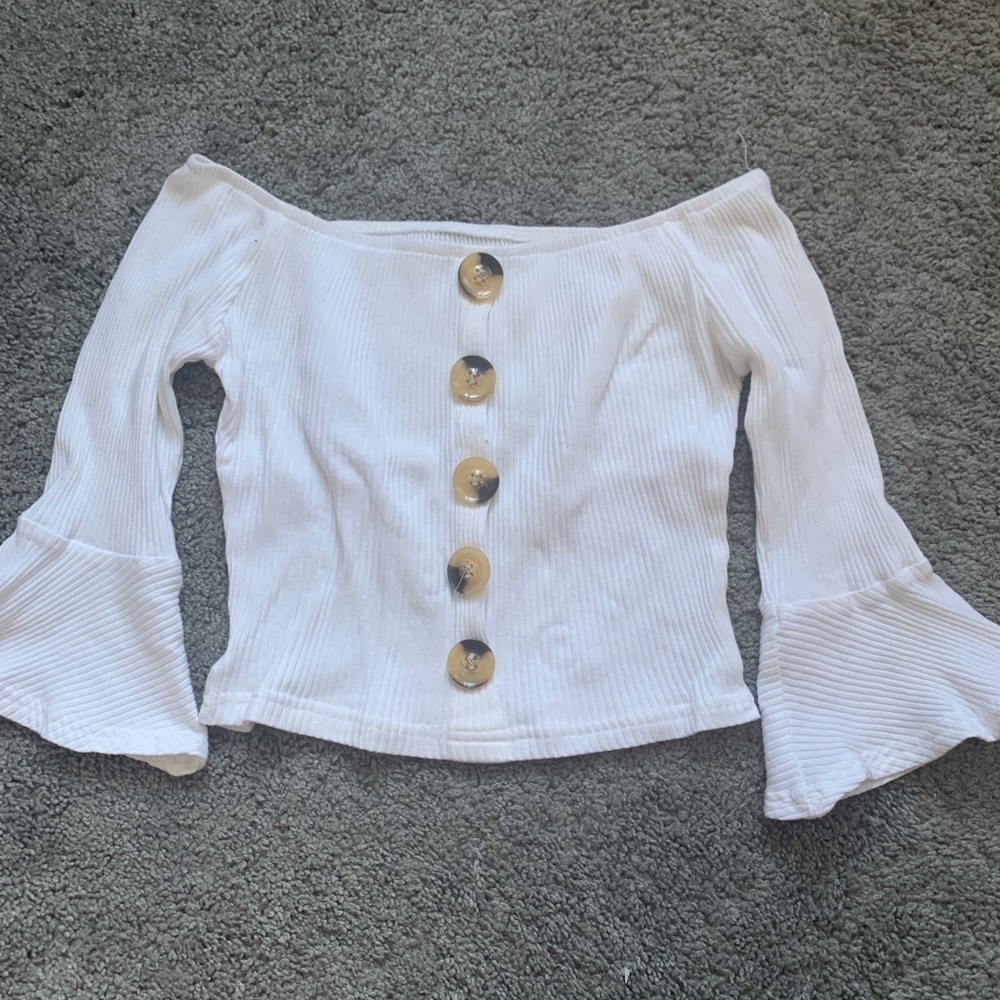 Shein White Bell Sleeved Ribbed Crop Top with Buttons